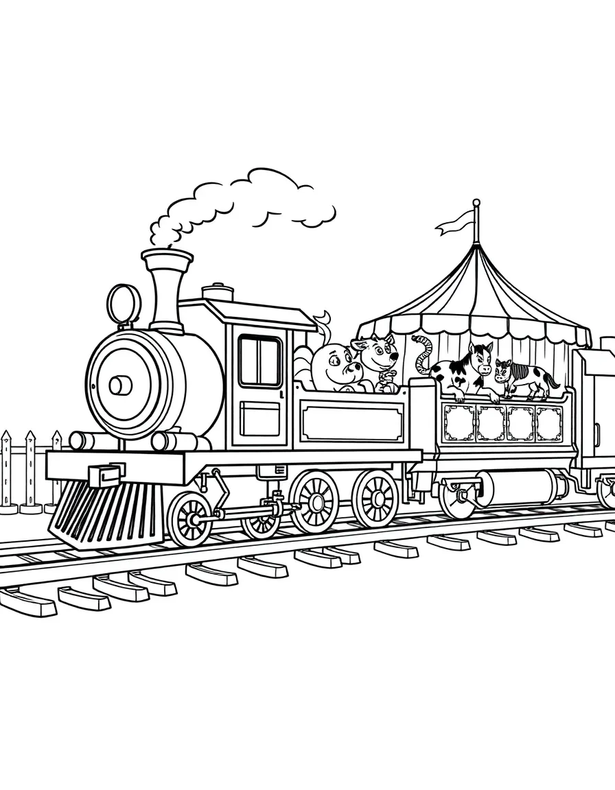 Circus train with specialized cars for animals, performers, and equipment