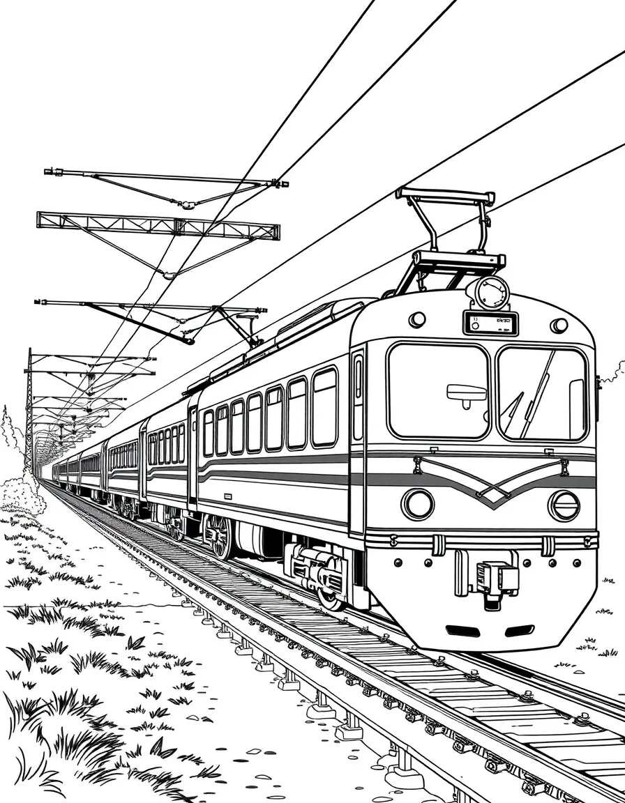 Early electric train with overhead power lines and pantographs