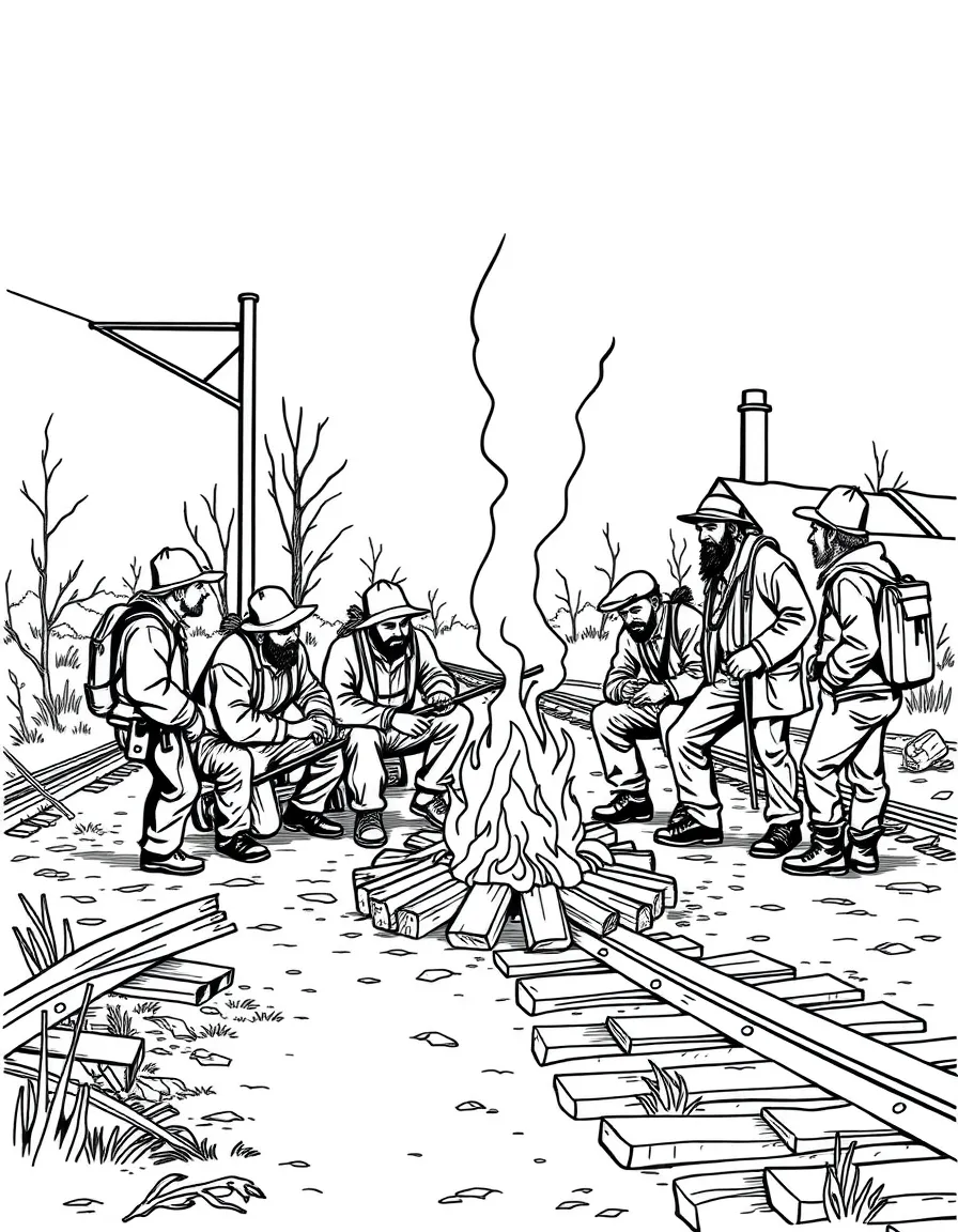 Group of railroad hobos gathered around a fire near the tracks