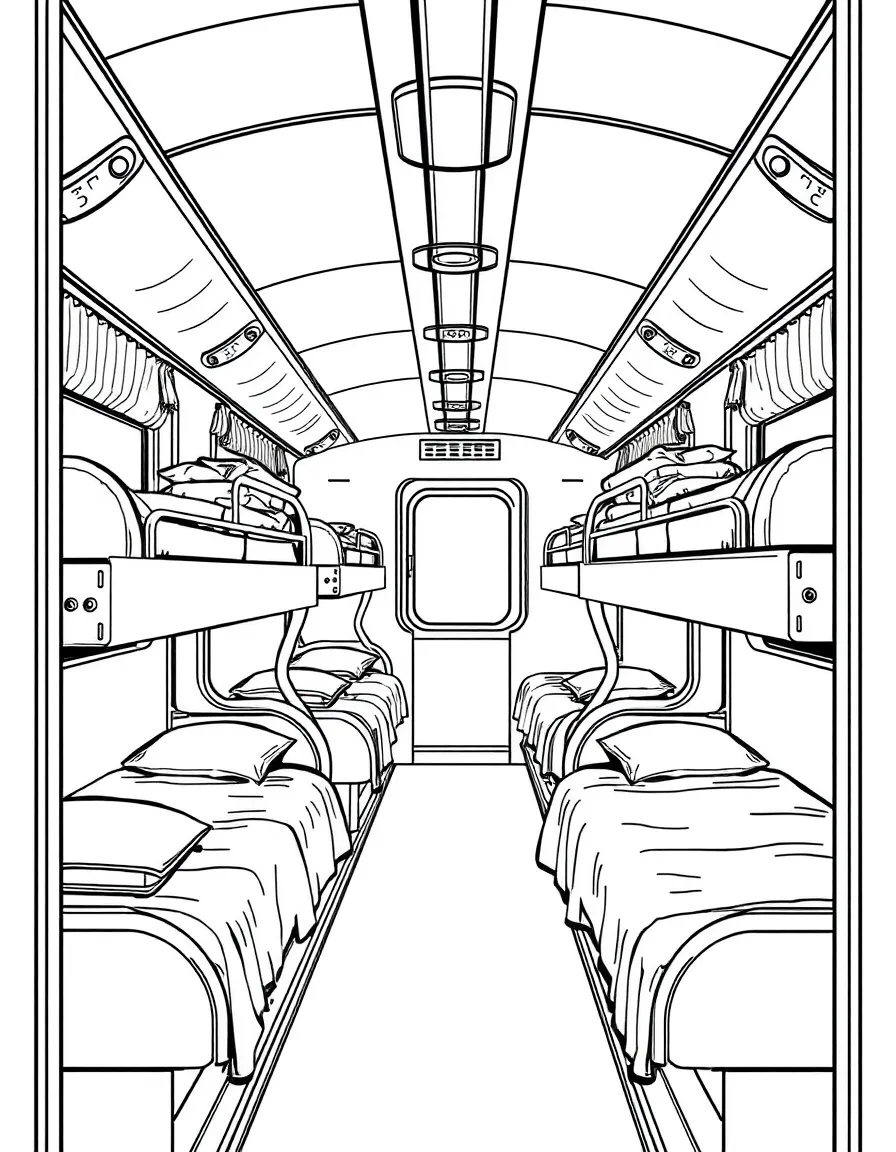 Passenger sleeping car with detailed bunk beds and furnishings