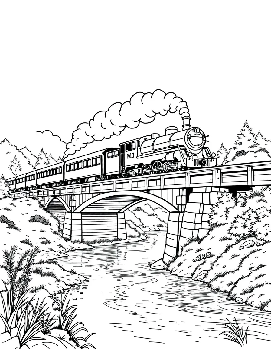 Train passing over a covered bridge spanning a river