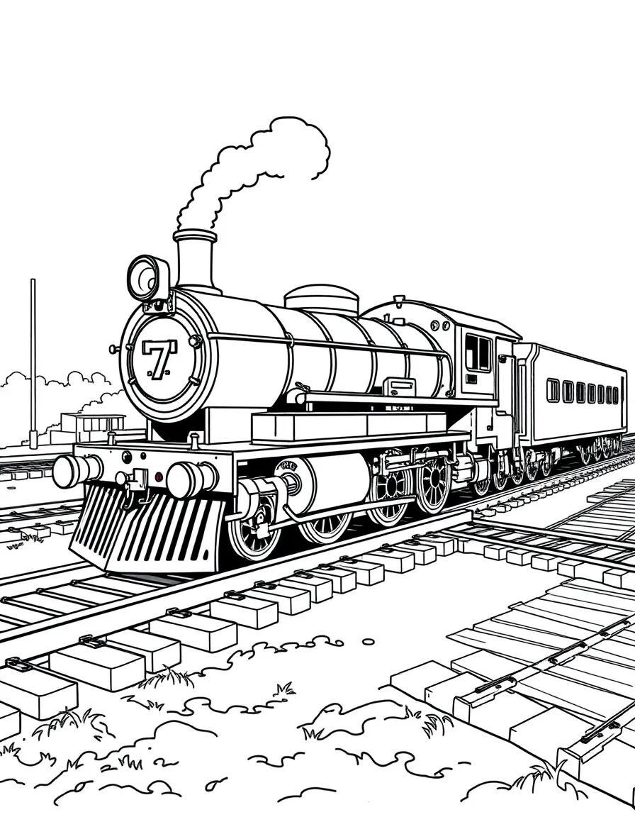 Detailed railroad turntable rotating a steam locomotive