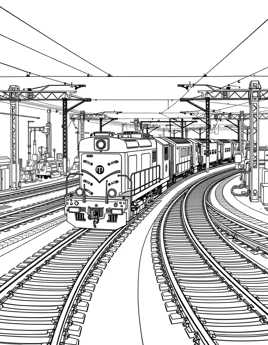 Train in a switchyard with complex network of tracks and switches
