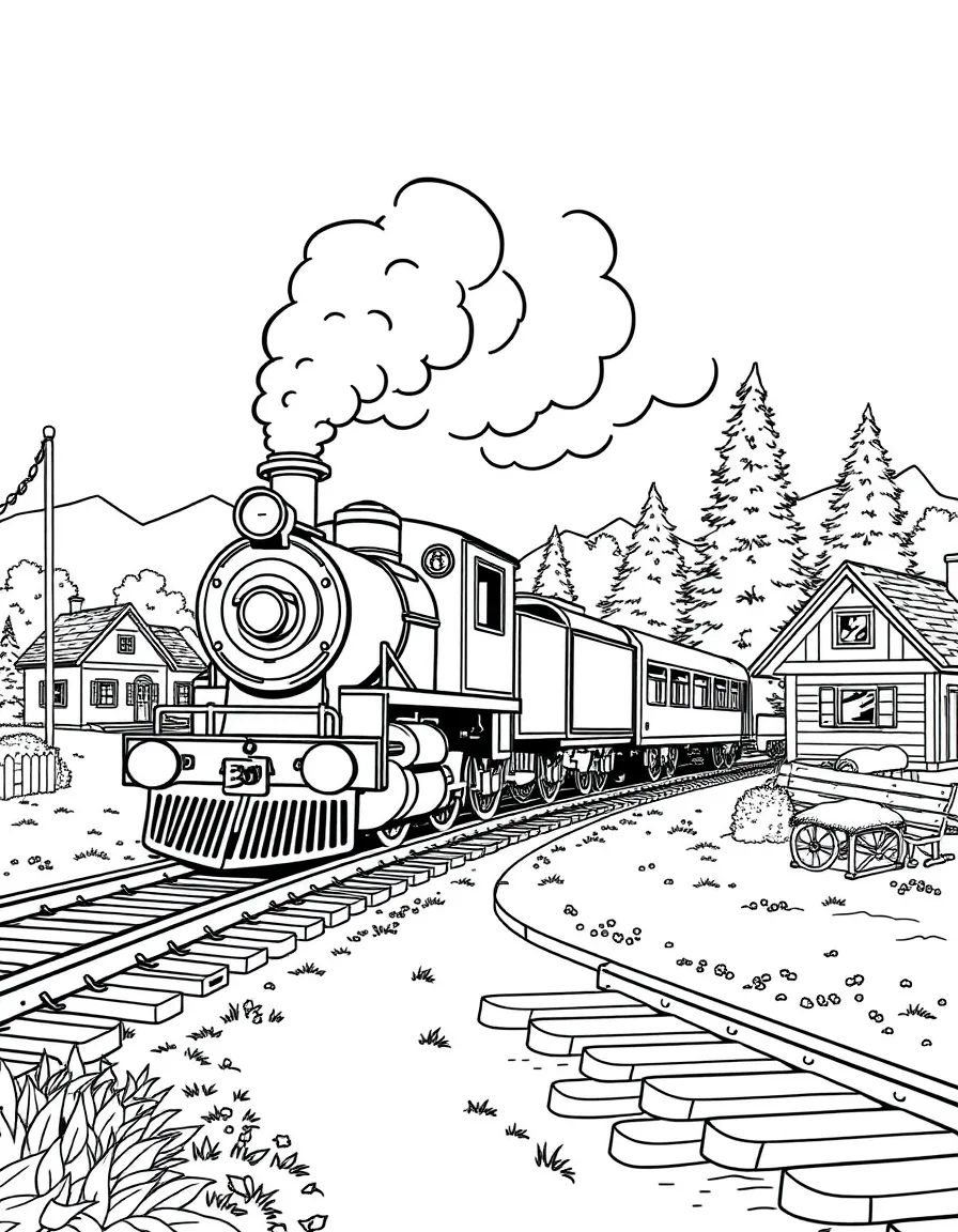 Train whistling as it passes through a small town