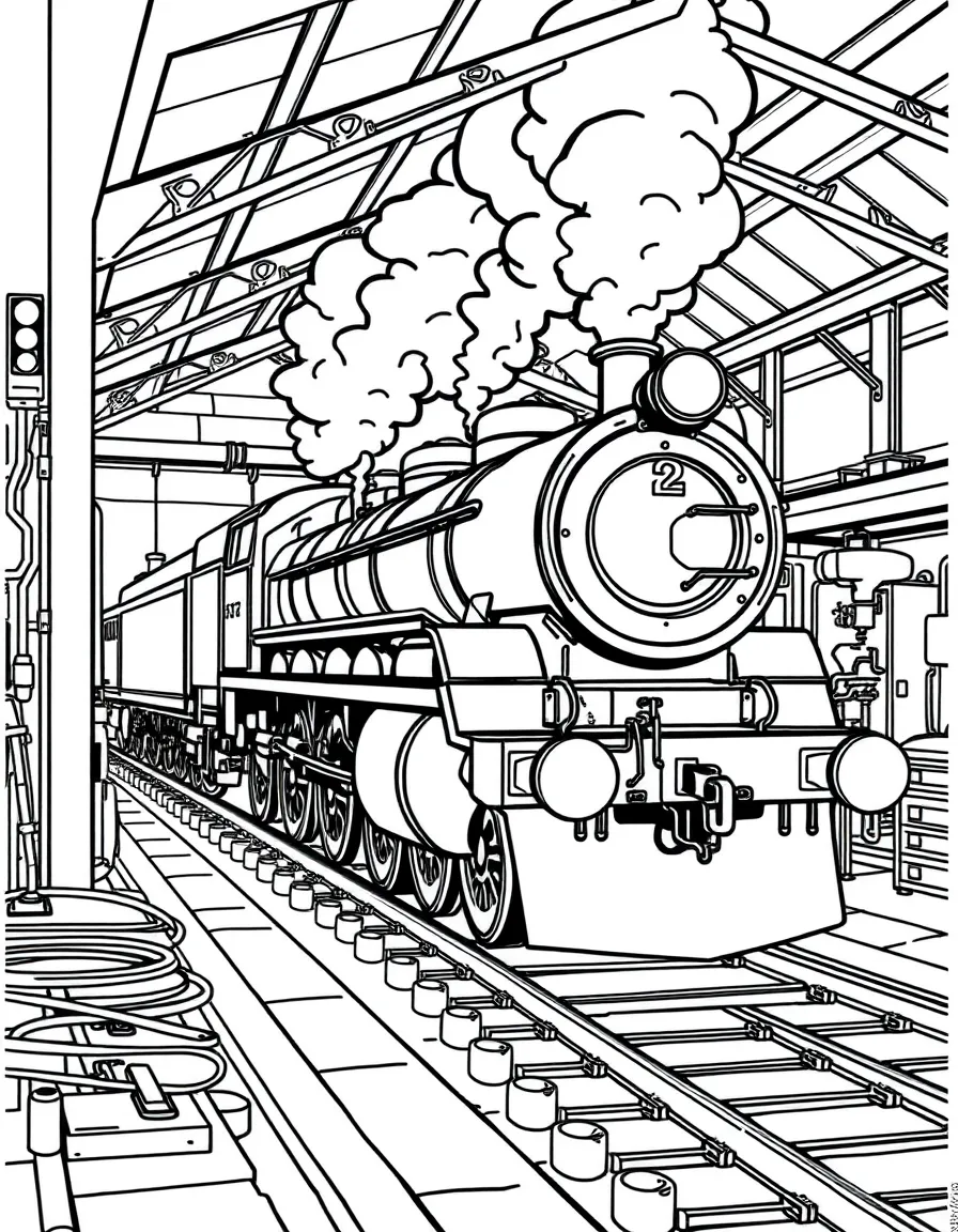 Steam locomotive being serviced in a maintenance shed