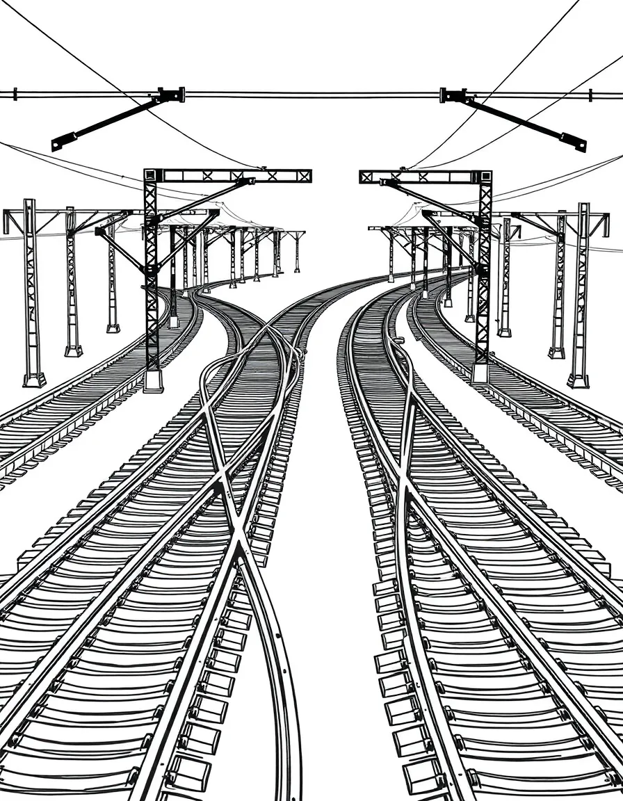 Intricate pattern of railway tracks at a complex junction