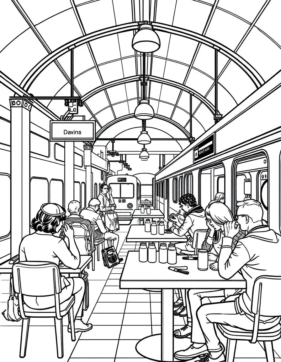 Station restaurant with travelers enjoying meals between trains