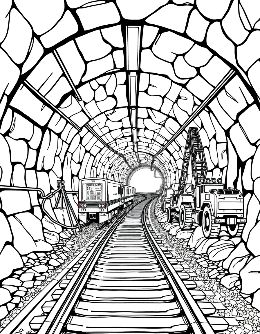 Underground railway tunnel under construction with workers and equipment