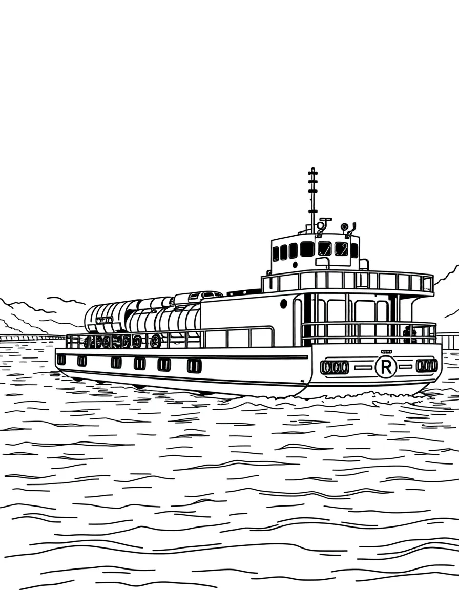 Train ferry carrying railroad cars across a body of water