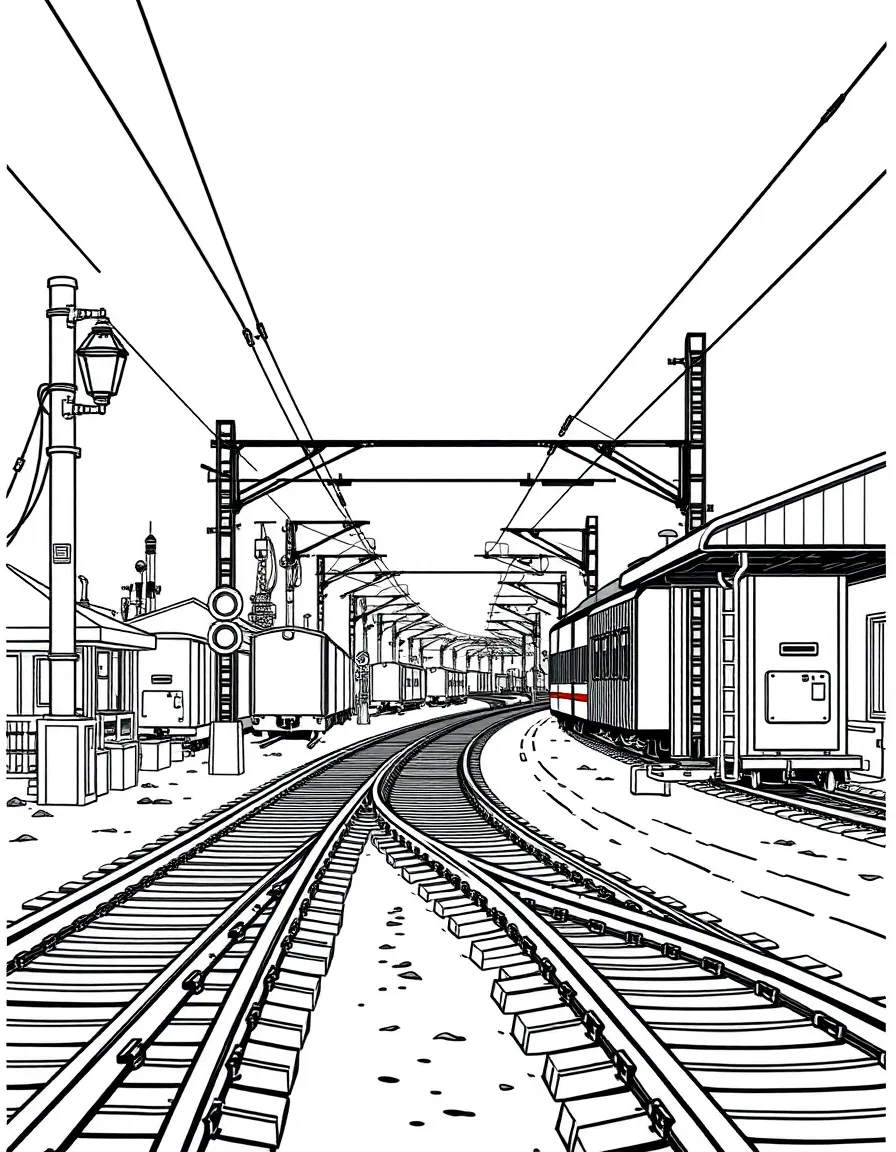 Railyard at night with signal lights and lanterns
