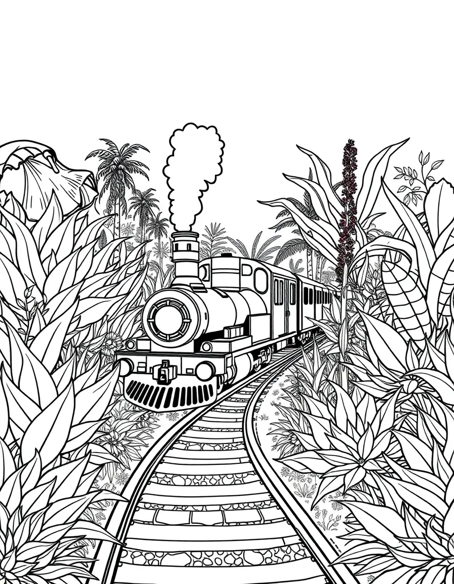 Railway botanical gardens with train passing through exotic plants