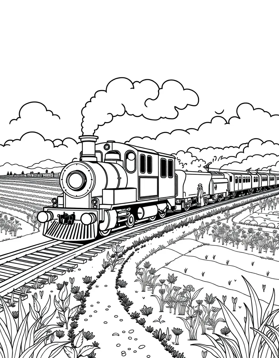 Train passing agricultural fields with farmers waving