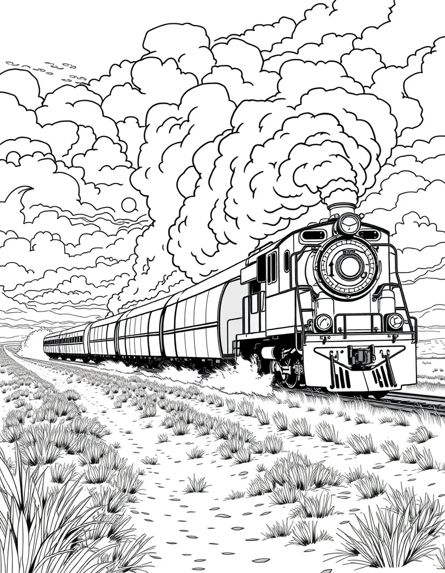 Train in a dust storm on the prairie with dramatic sky