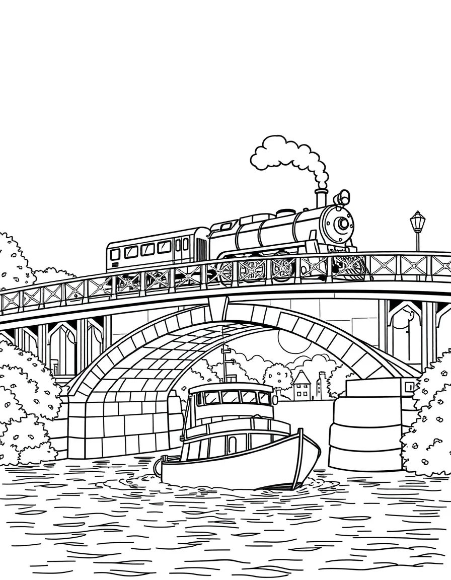 Train passing over a drawbridge as a boat passes underneath