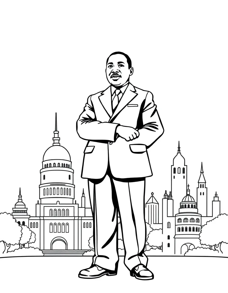 Martin Luther King Jr. standing proudly with historical landmarks in the background, drawn with clear bold lines for coloring.