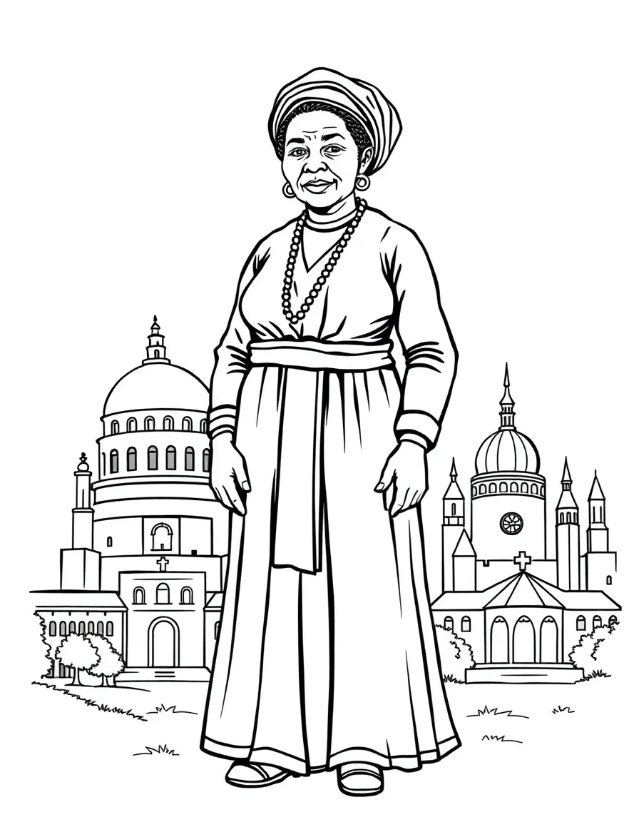 Harriet Tubman standing proudly with historical landmarks in the background, drawn with clear bold lines for coloring.