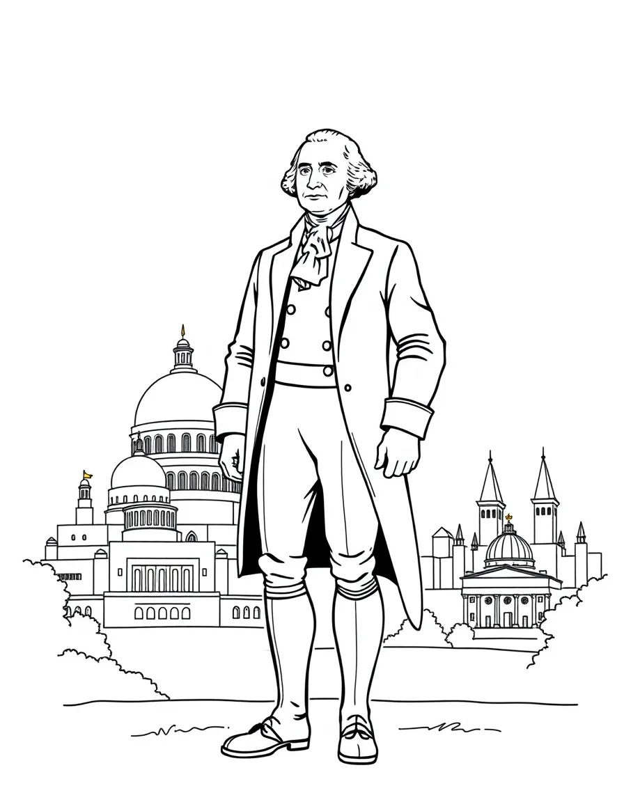 George Washington standing proudly with historical landmarks in the background, drawn with clear bold lines for coloring.