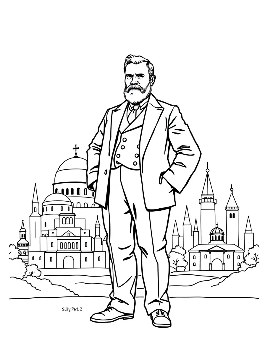 Theodore Roosevelt standing proudly with historical landmarks in the background, drawn with clear bold lines for coloring.