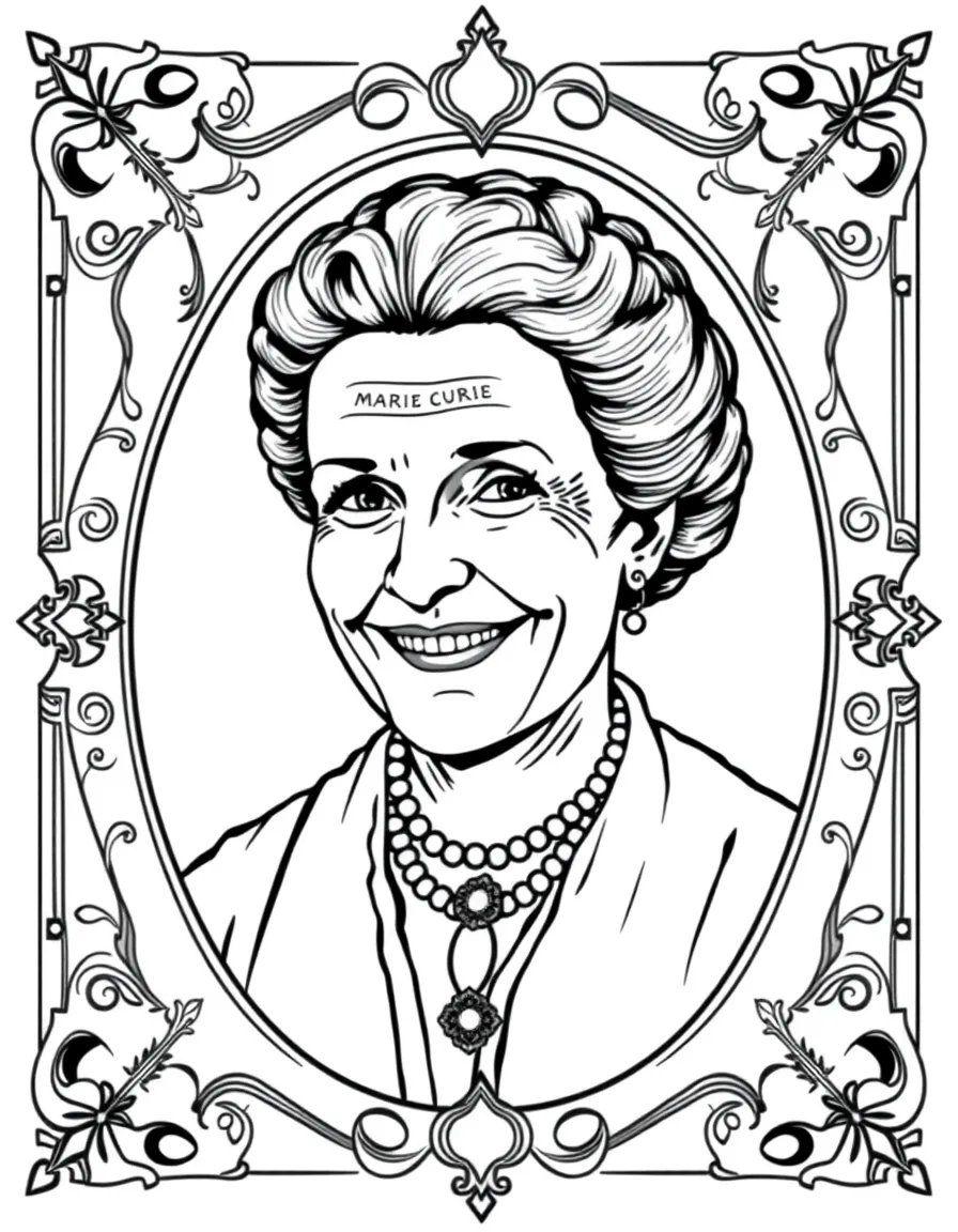 A portrait of Marie Curie with a big smile, framed with decorative borders and symbols of their time period.
