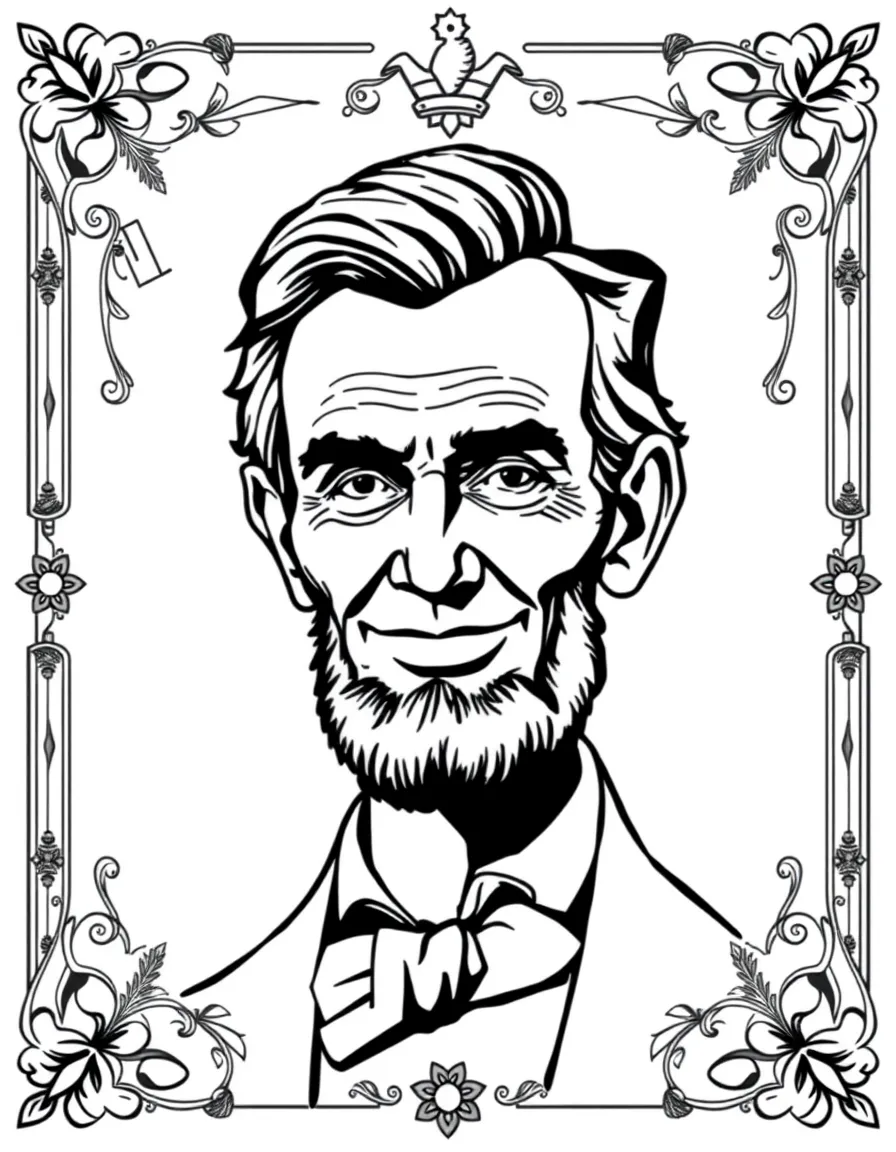 A portrait of Abraham Lincoln with a big smile, framed with decorative borders and symbols of their time period.