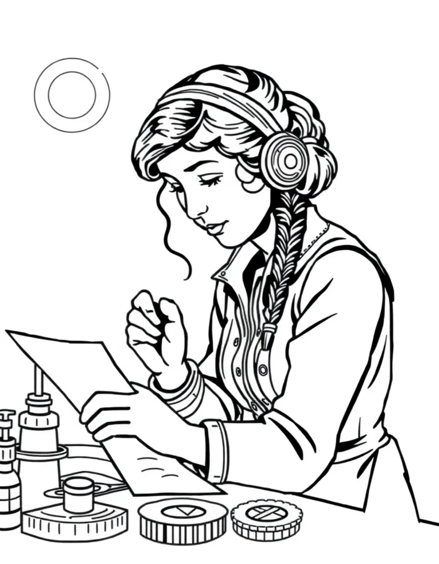 Amelia Earhart working on their famous invention or idea, with gears, papers, or lab equipment drawn simply.