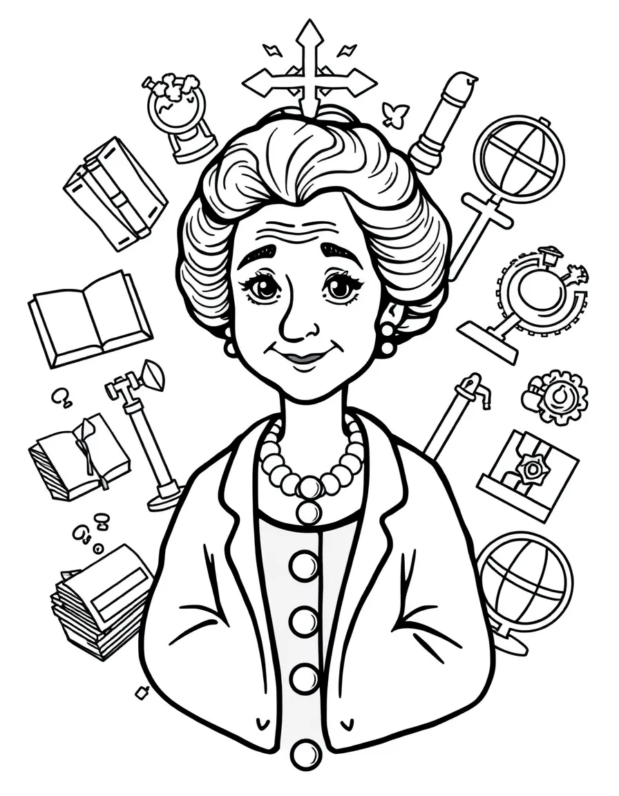 A cartoon-style drawing of Marie Curie surrounded by symbols of their achievements, like books, tools, or globes.