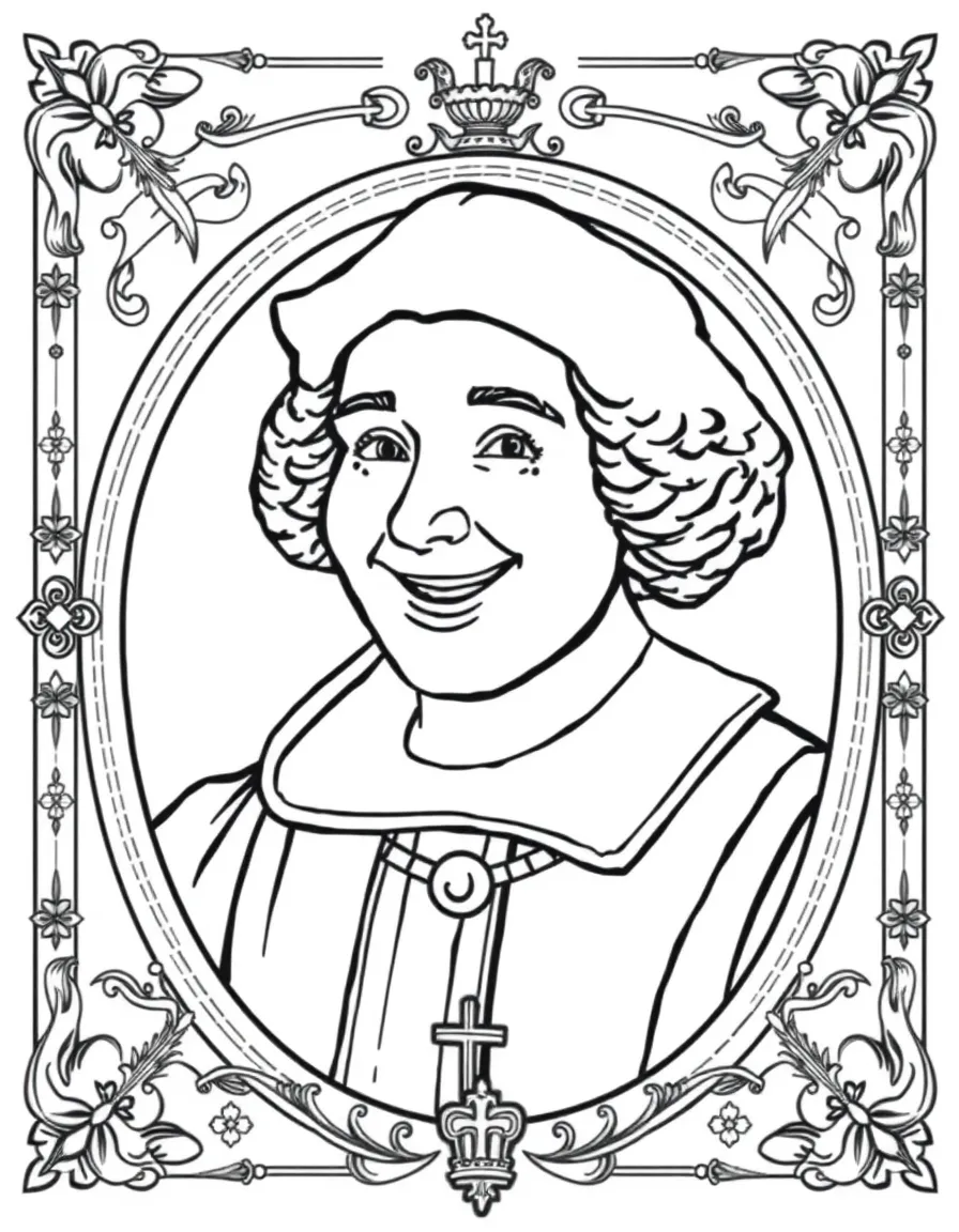 A portrait of Christopher Columbus with a big smile, framed with decorative borders and symbols of their time period.