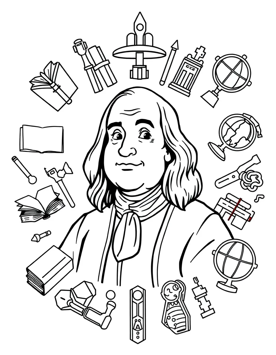A cartoon-style drawing of Benjamin Franklin surrounded by symbols of their achievements, like books, tools, or globes.