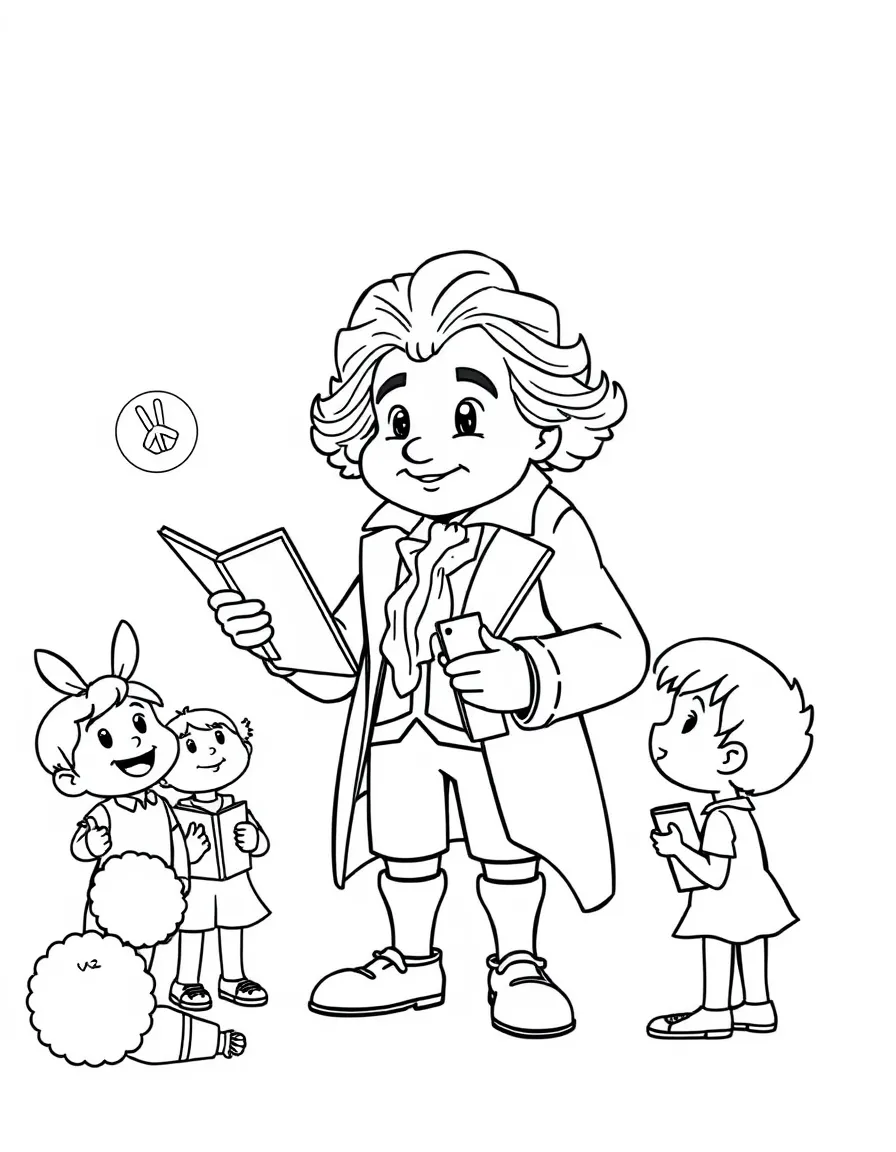 A fun coloring page of Beethoven giving a speech to children with books and peace signs around.