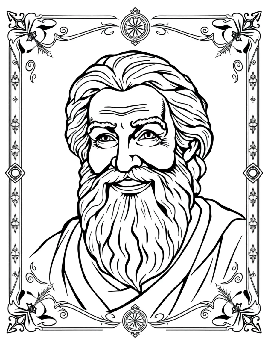 A portrait of Socrates with a big smile, framed with decorative borders and symbols of their time period.