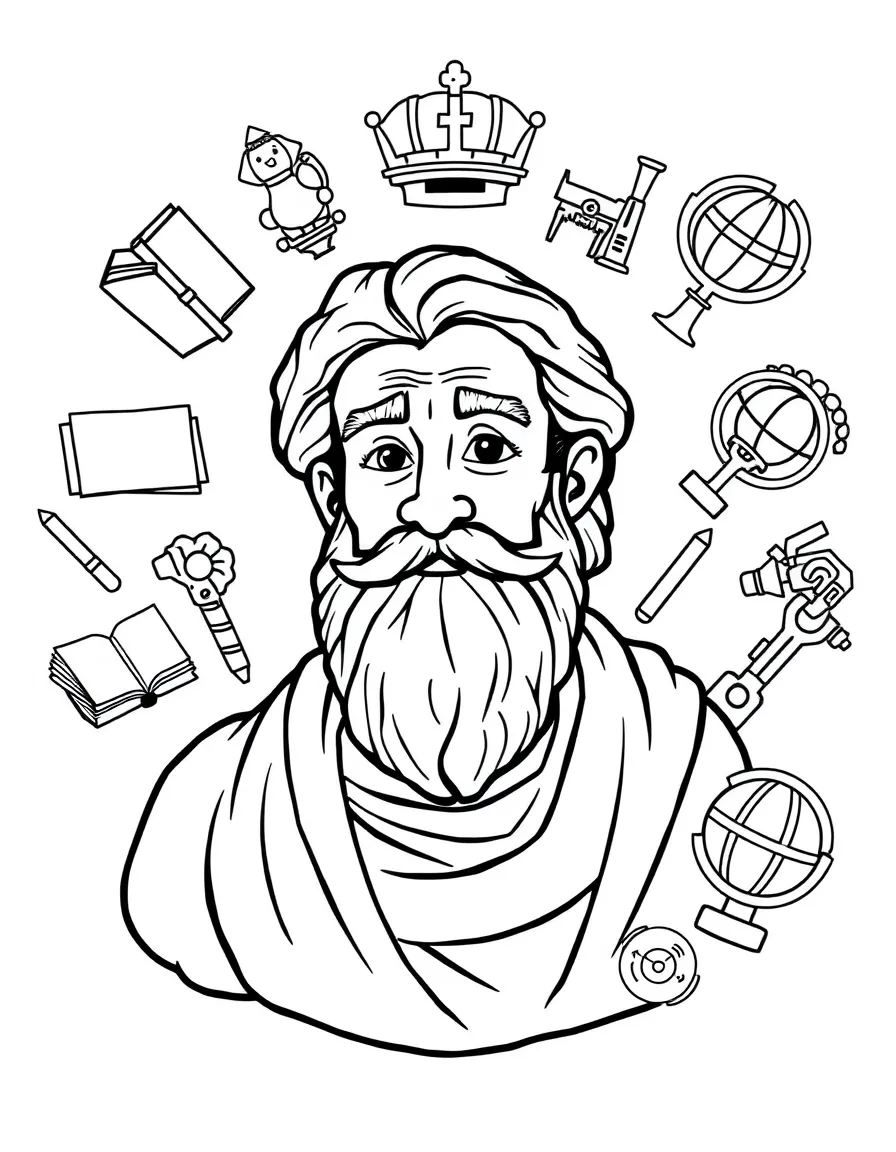 A cartoon-style drawing of Plato surrounded by symbols of their achievements, like books, tools, or globes.
