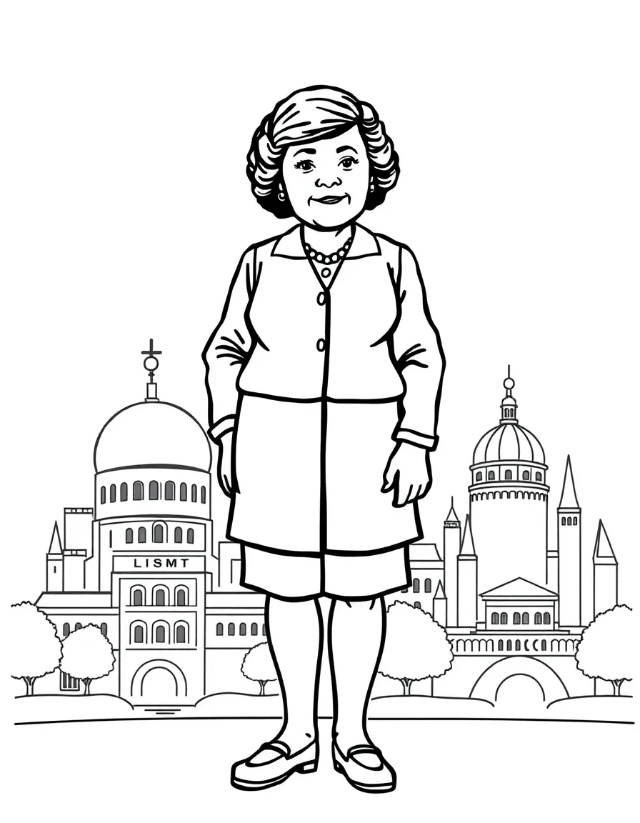 Helen Keller standing proudly with historical landmarks in the background, drawn with clear bold lines for coloring.