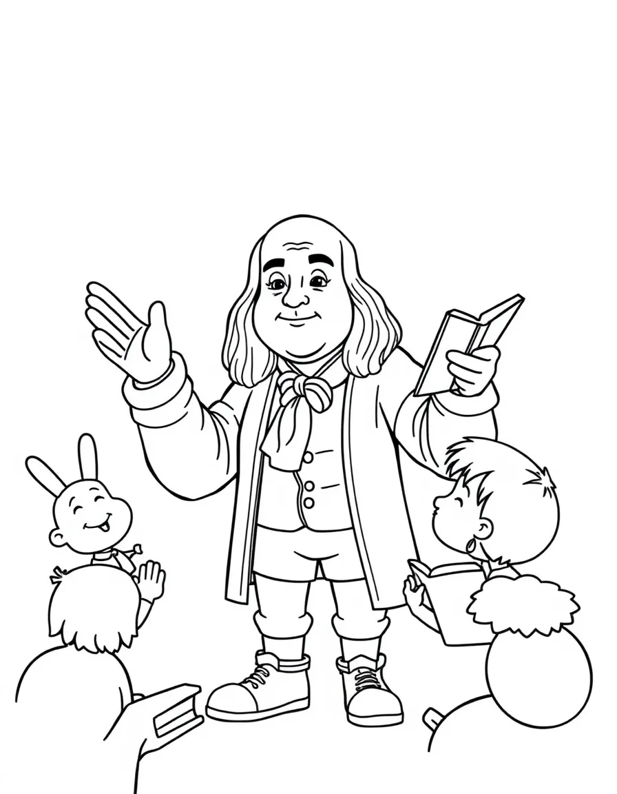 A fun coloring page of Benjamin Franklin giving a speech to children with books and peace signs around.