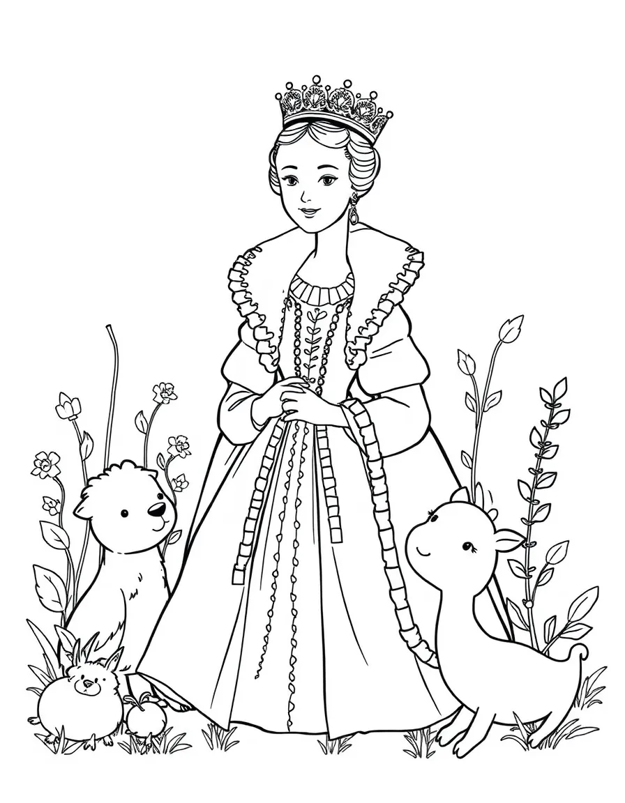 A playful scene showing Queen Elizabeth I in a historical outfit with animals, plants, or kids nearby.