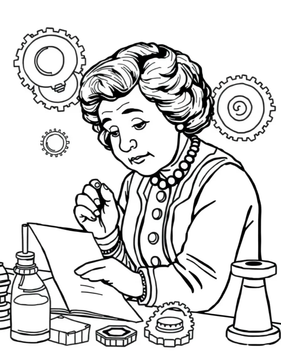Helen Keller working on their famous invention or idea, with gears, papers, or lab equipment drawn simply.