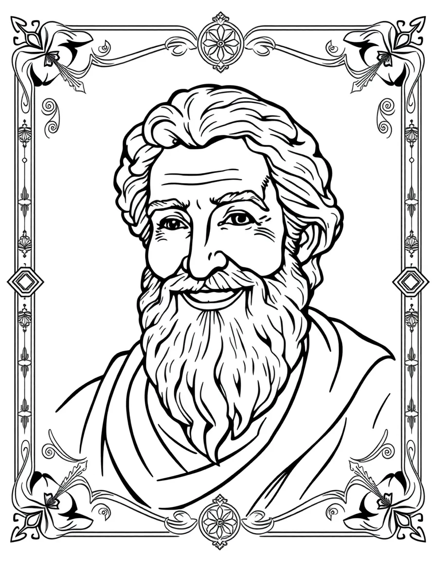 A portrait of Plato with a big smile, framed with decorative borders and symbols of their time period.