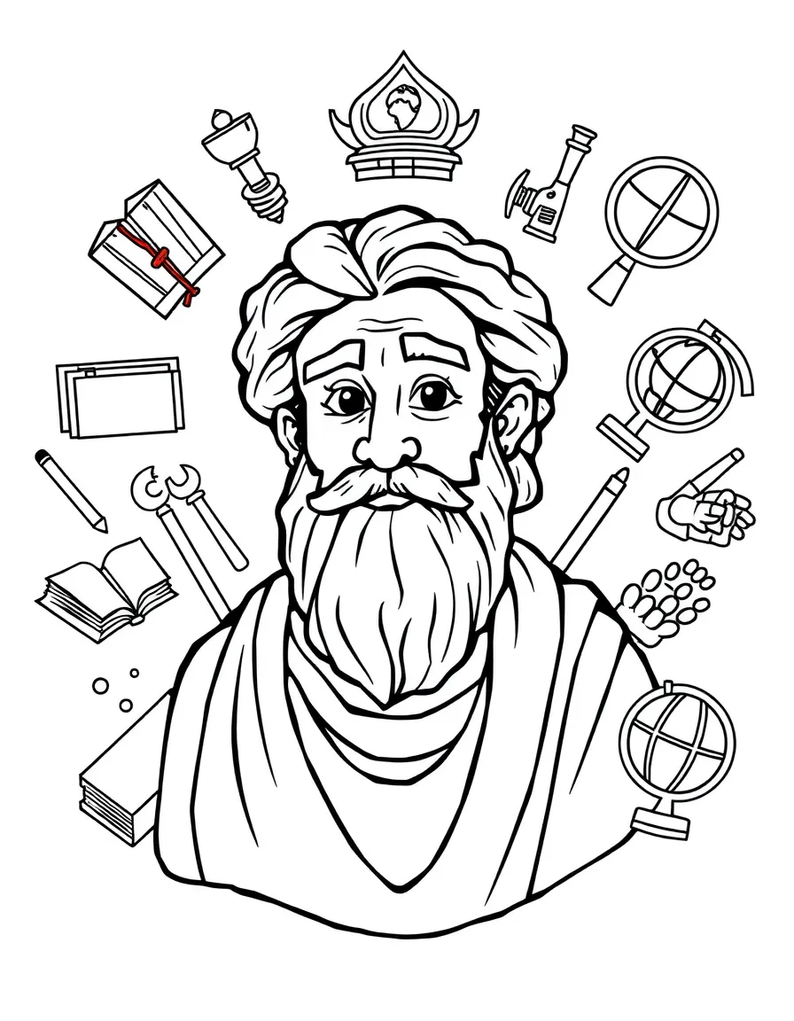 A cartoon-style drawing of Aristotle surrounded by symbols of their achievements, like books, tools, or globes.