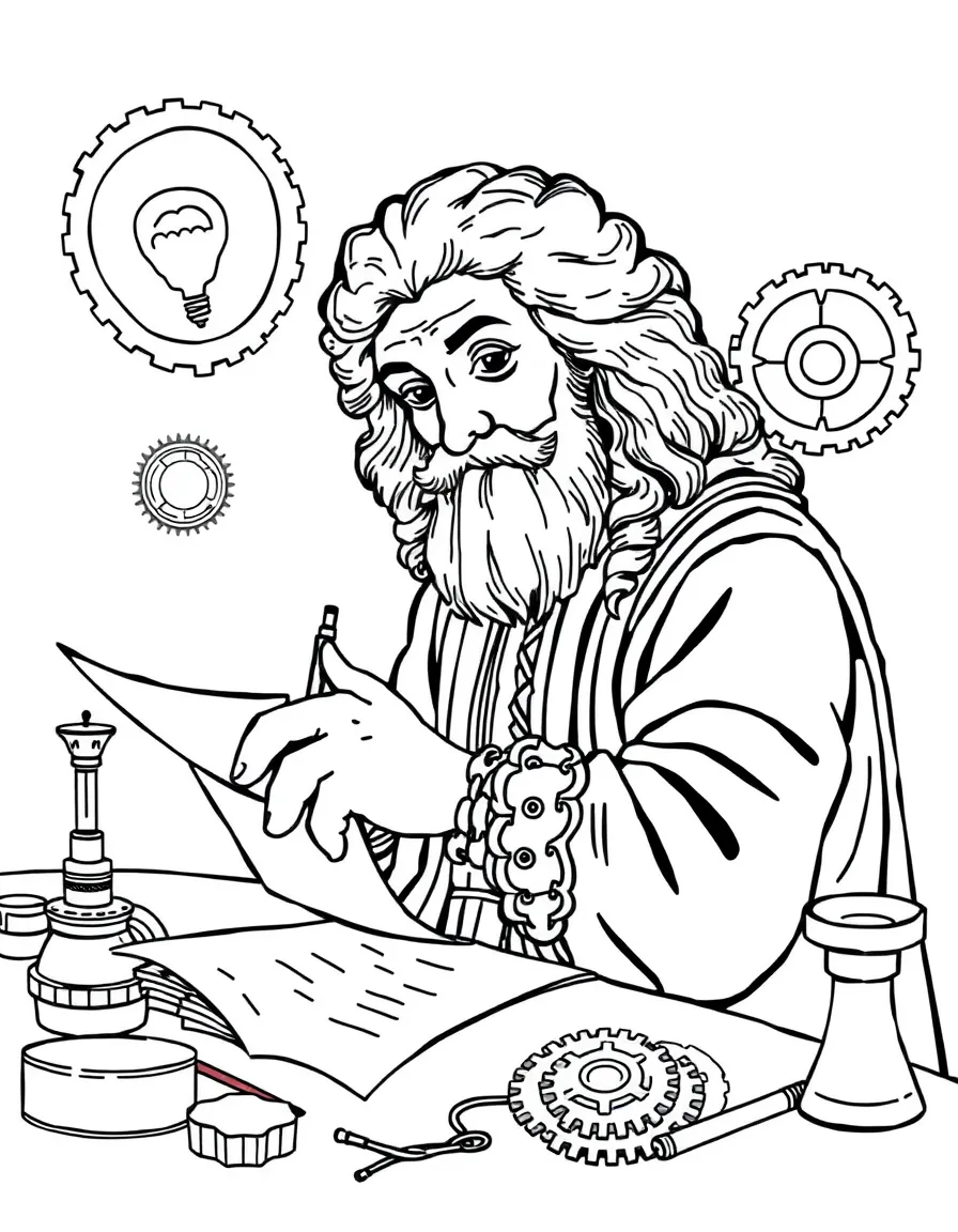 Leonardo da Vinci working on their famous invention or idea, with gears, papers, or lab equipment drawn simply.