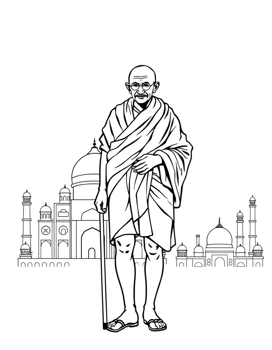 Mahatma Gandhi standing proudly with historical landmarks in the background, drawn with clear bold lines for coloring.