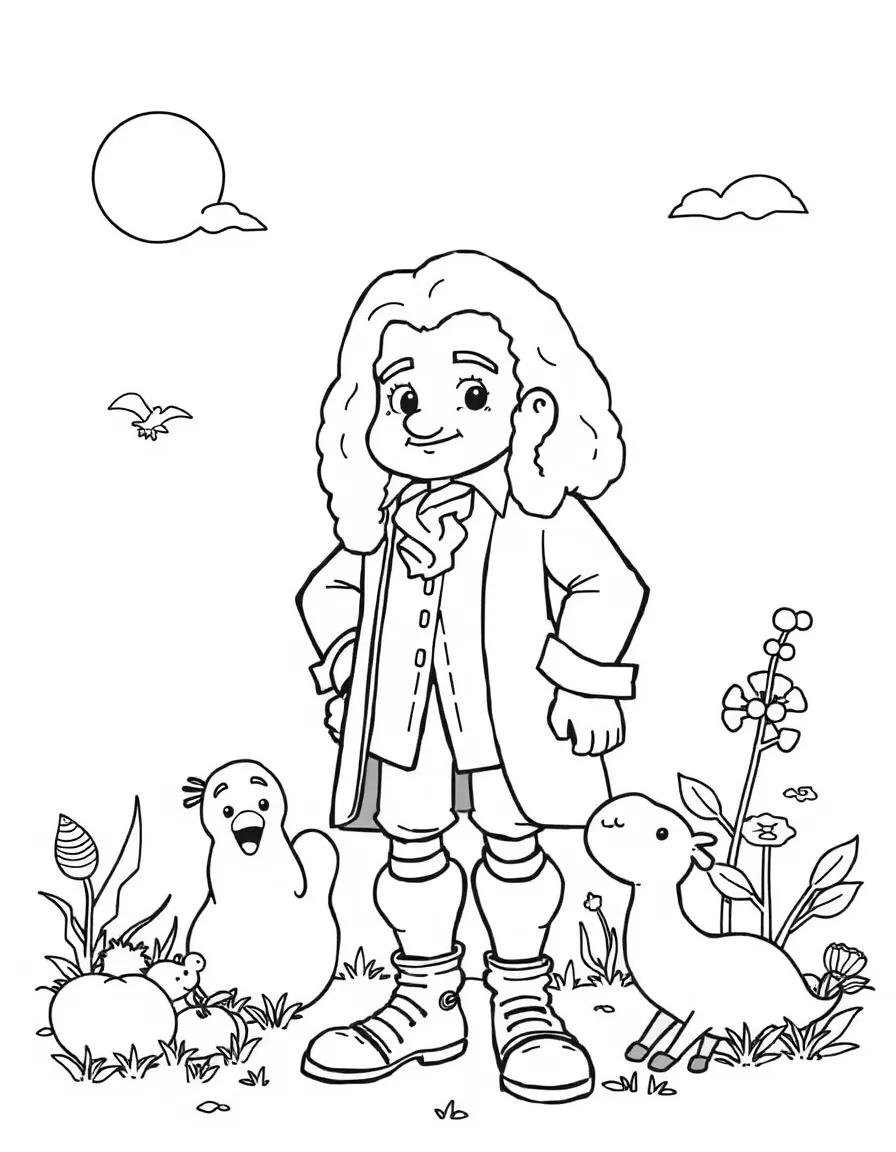 A playful scene showing Isaac Newton in a historical outfit with animals, plants, or kids nearby.