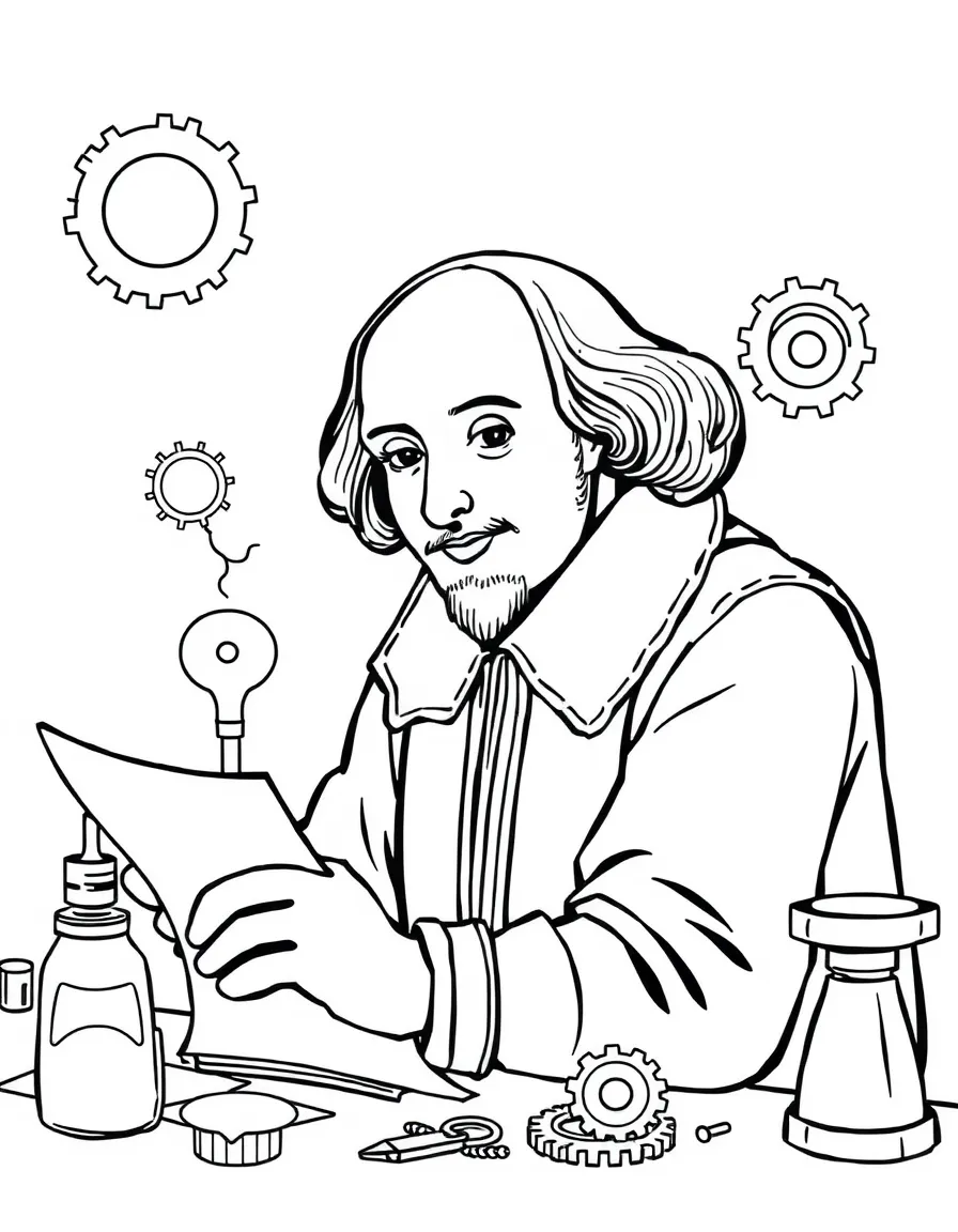 William Shakespeare working on their famous invention or idea, with gears, papers, or lab equipment drawn simply.