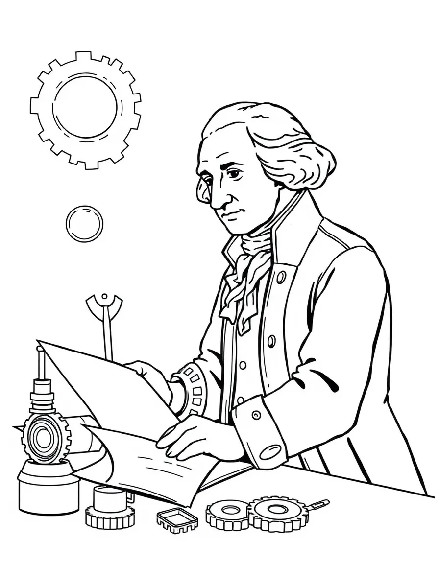 George Washington working on their famous invention or idea, with gears, papers, or lab equipment drawn simply.