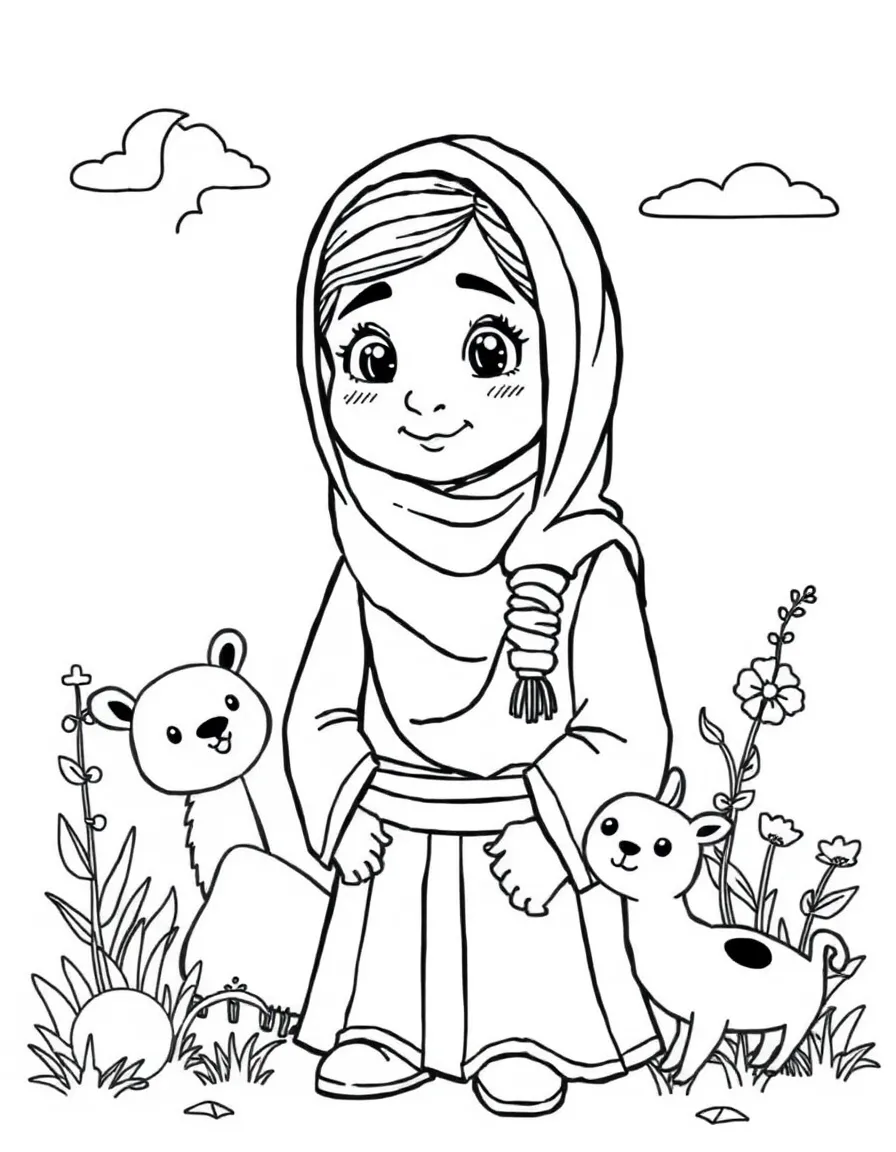 A playful scene showing Malala Yousafzai in a historical outfit with animals, plants, or kids nearby.