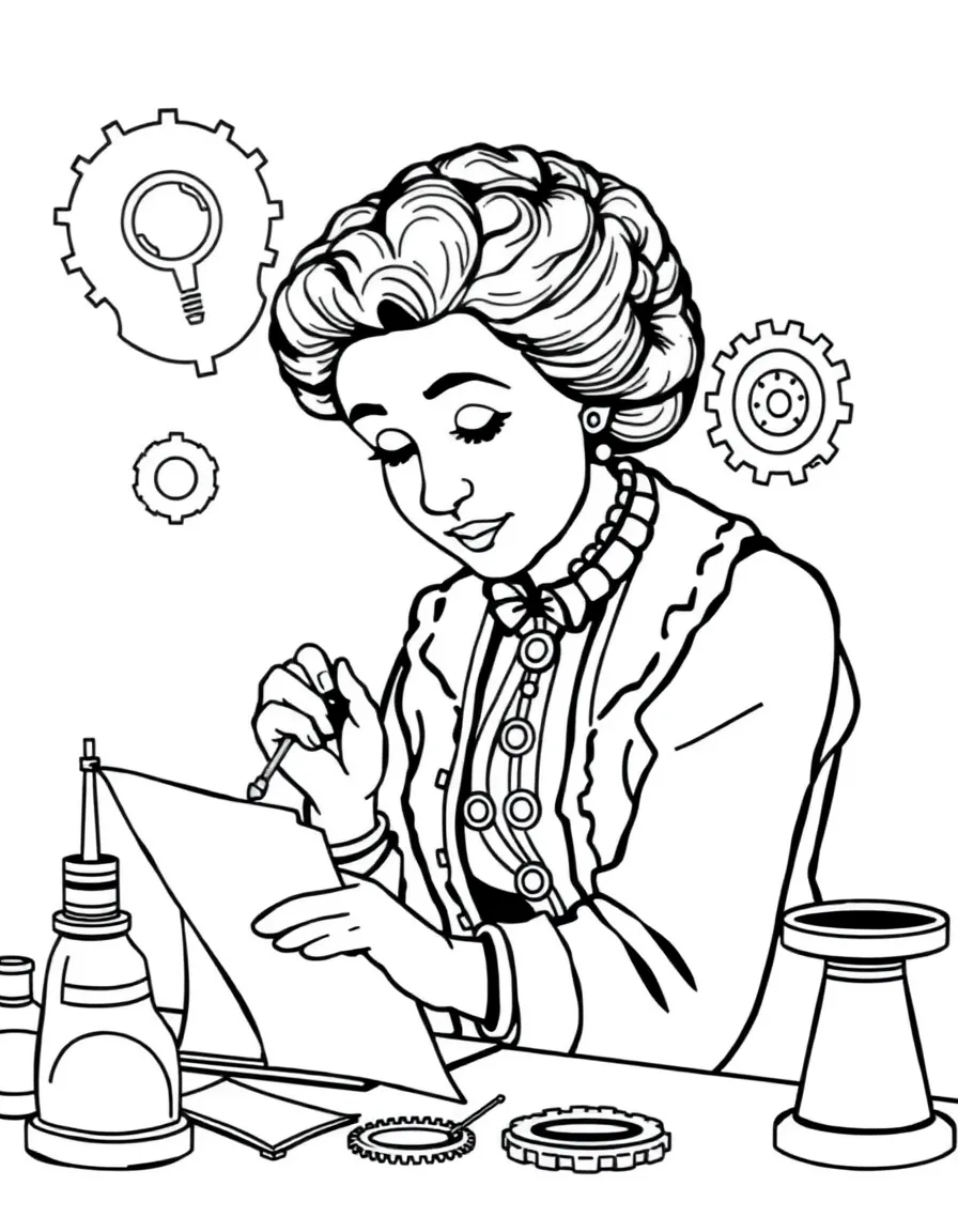 Marie Curie working on their famous invention or idea, with gears, papers, or lab equipment drawn simply.