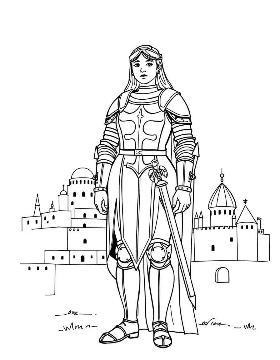 Joan of Arc standing proudly with historical landmarks in the background, drawn with clear bold lines for coloring.