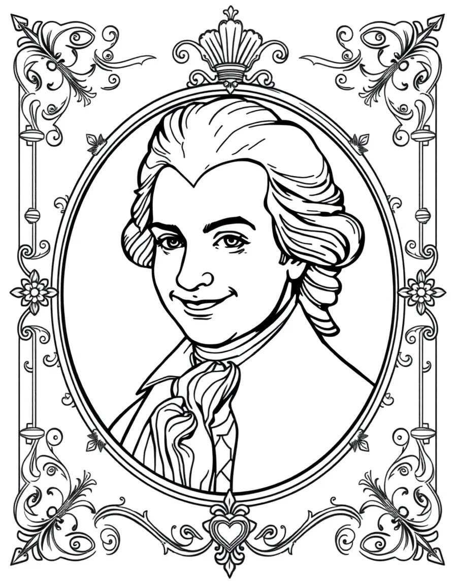 A portrait of Mozart with a big smile, framed with decorative borders and symbols of their time period.