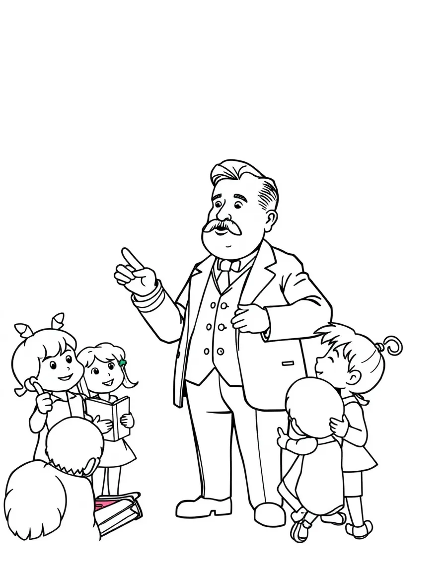 A fun coloring page of Theodore Roosevelt giving a speech to children with books and peace signs around.