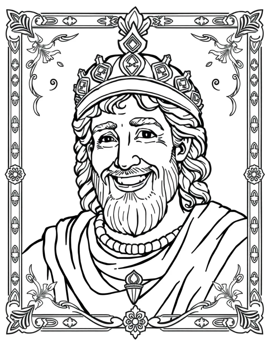 A portrait of Alexander the Great with a big smile, framed with decorative borders and symbols of their time period.