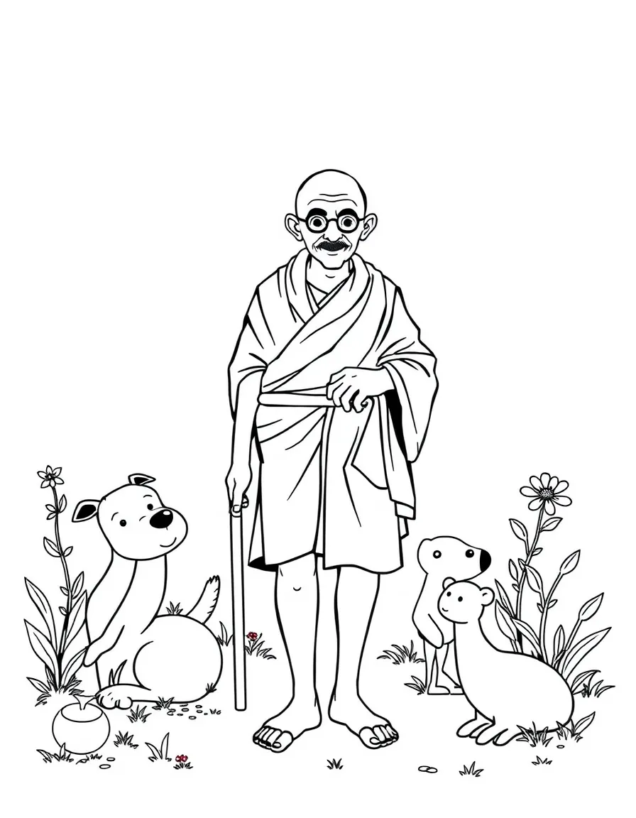 A playful scene showing Mahatma Gandhi in a historical outfit with animals, plants, or kids nearby.