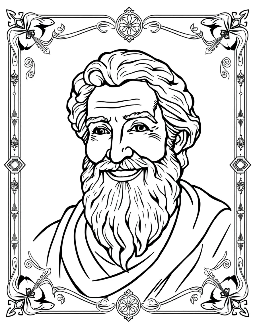 A portrait of Plato with a big smile, framed with decorative borders and symbols of their time period.